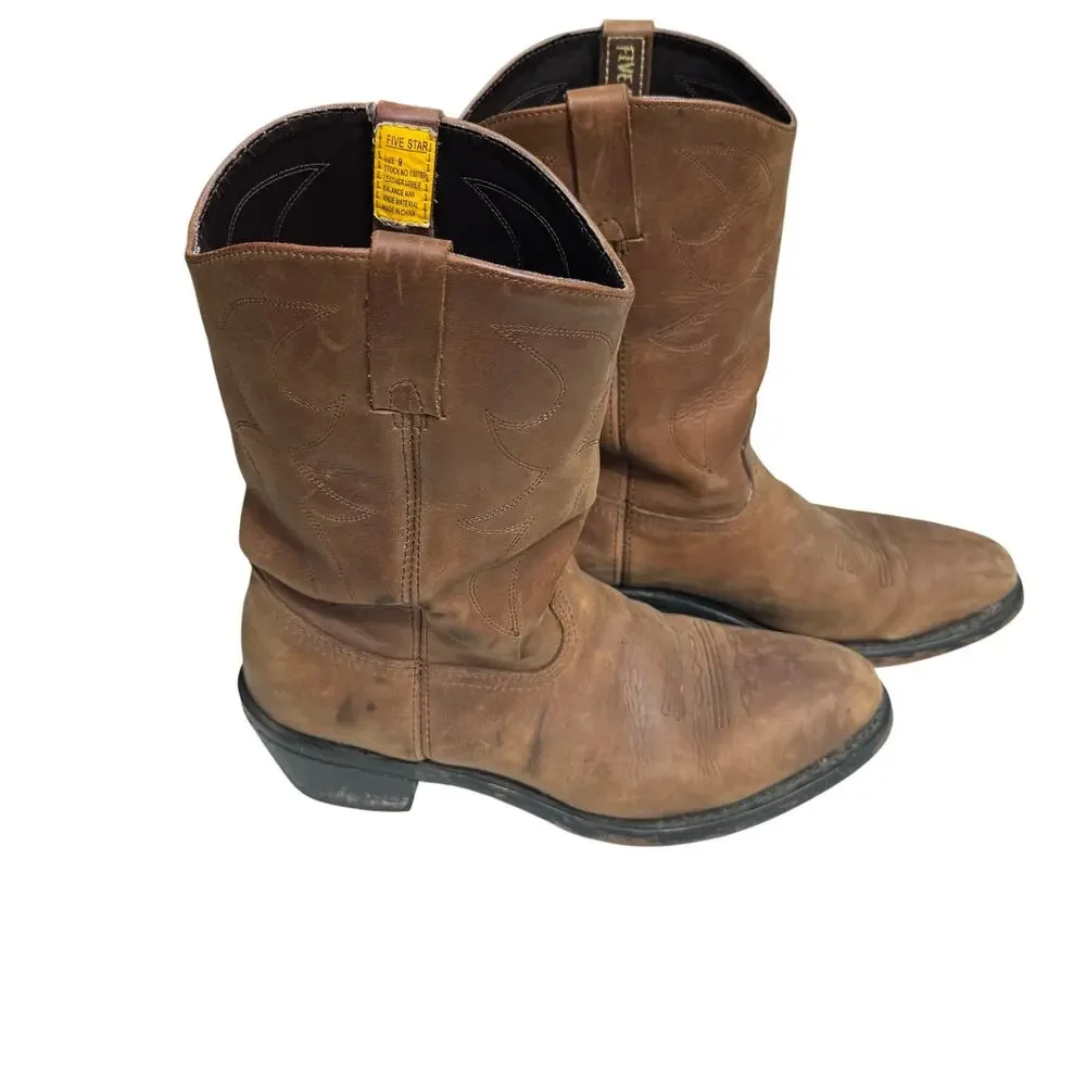 Five Star Western Roper Boots Brown Leather Cowboy Boots Men’s Size 9
